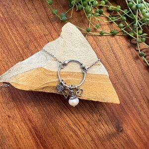 Sterling Silver Heart Pearl Ring Charm Necklace .925 18”